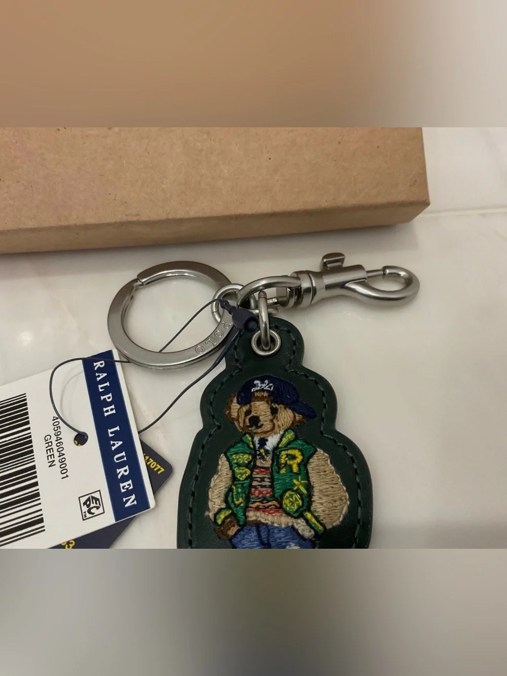NEW Polo Ralph Lauren COLLEGE VARSITY BEAR - LEATHER Key Ring Keychain - GREEN